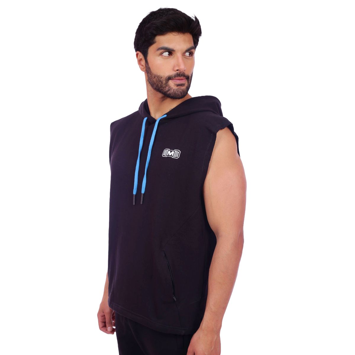 M MUSCLE MUSEUM - Polera Manga Cero Color Negro y Azul Bolsillos delantero con cierre