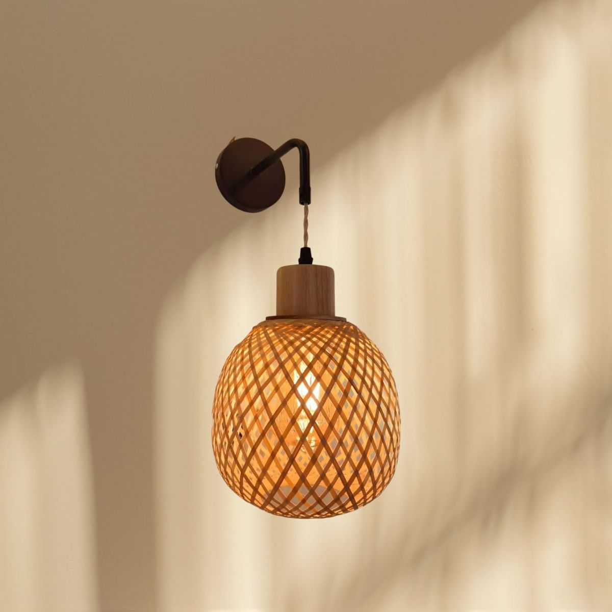 GENERICO - Lámpara de pared de bambú con brazo de metal