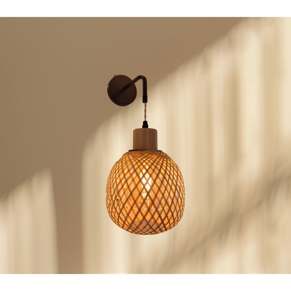 GENERICO - Lámpara de pared de bambú con brazo de metal