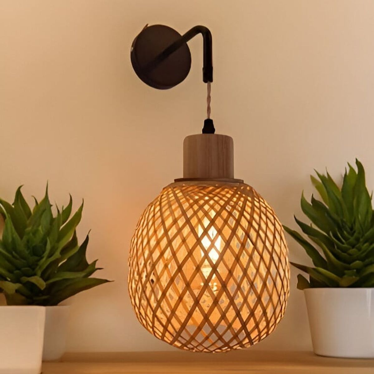 GENERICO - Lámpara de pared de bambú con brazo de metal