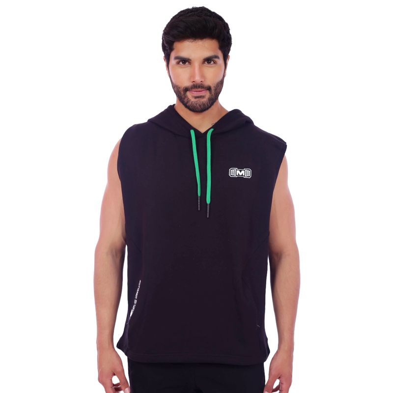 M MUSCLE MUSEUM - Polera Manga Cero Color Negro y Verde Bolsillos delantero con cierre