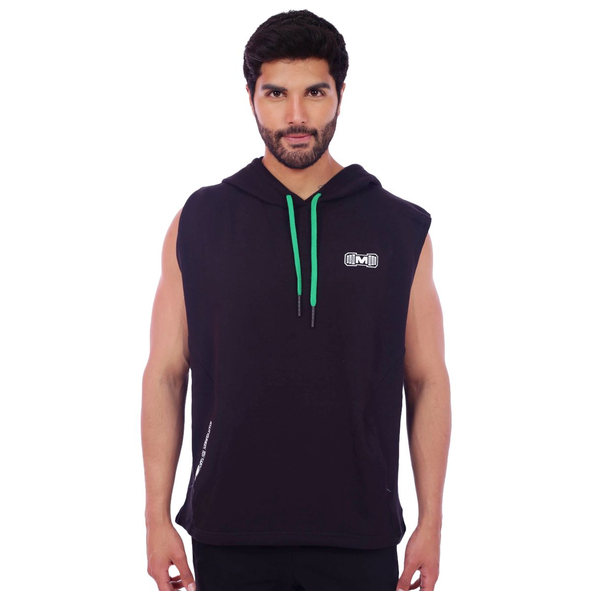 M MUSCLE MUSEUM - Polera Manga Cero Color Negro y Verde Bolsillos delantero con cierre