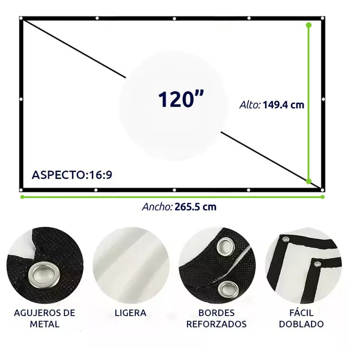 JPSYSTEMS - Ecran Pantalla Para Proyección Tela 120 Pulgadas Blanco + fijadores