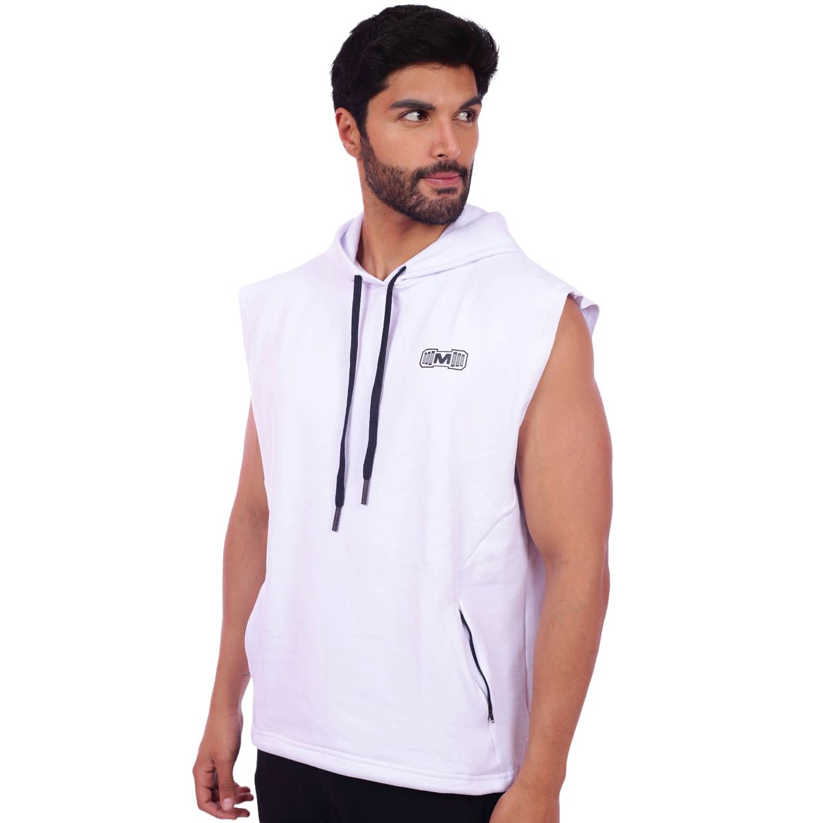 M MUSCLE MUSEUM - Polera Manga Cero Color Blanco y Negro  Bolsillos delantero con cierre