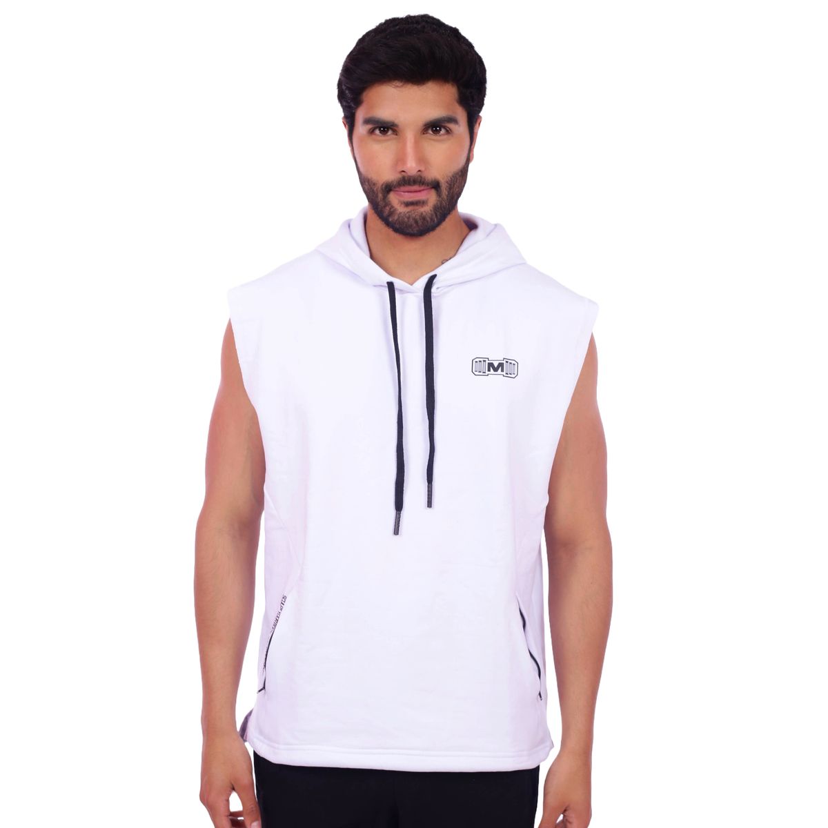 M MUSCLE MUSEUM - Polera Manga Cero Color Blanco y Negro  Bolsillos delantero con cierre