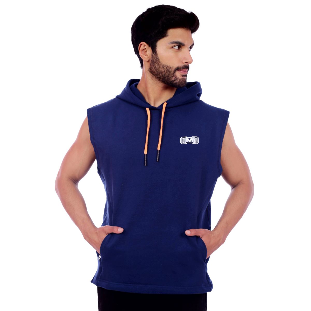 M MUSCLE MUSEUM - Polera Manga Cero Color Azul con Naranja  Bosillo delantero con cierre
