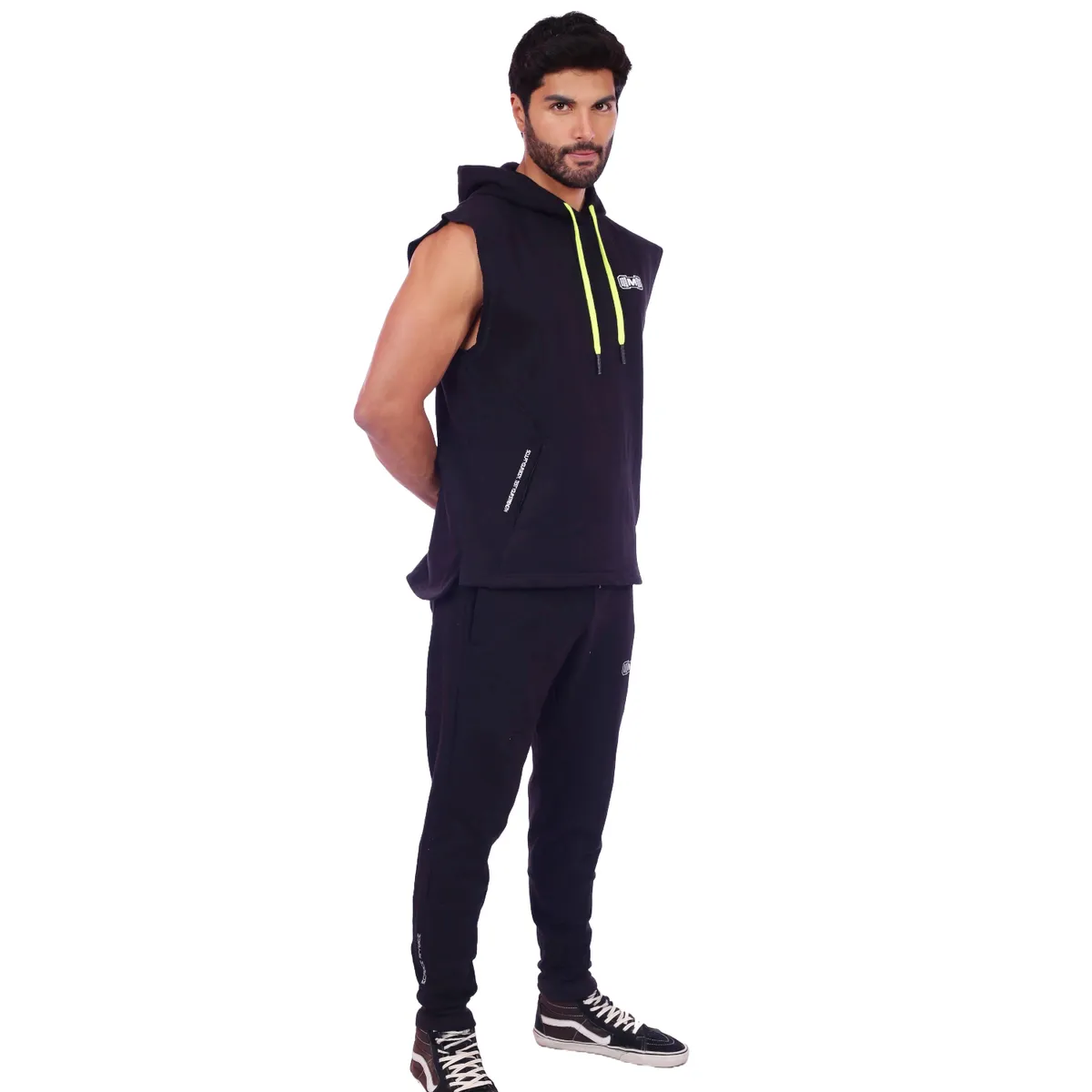 M MUSCLE MUSEUM - Polera Manga Cero Color Negro y Amarillo Bolsillo delantero con cierre