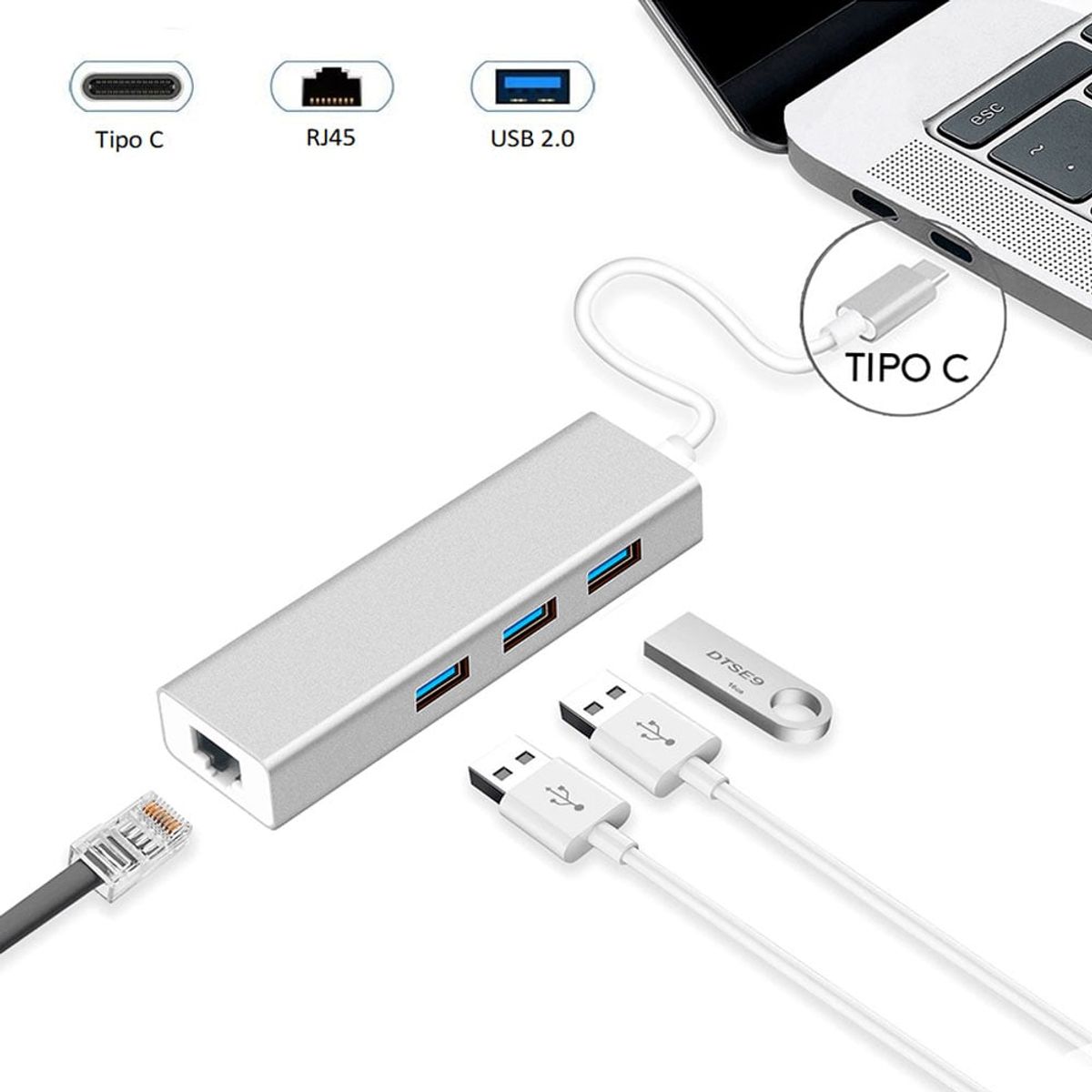 OEM - Adaptador HUB ALUMINIO Tipo C a RJ45 LAN + 3 Puertos USB 2.0