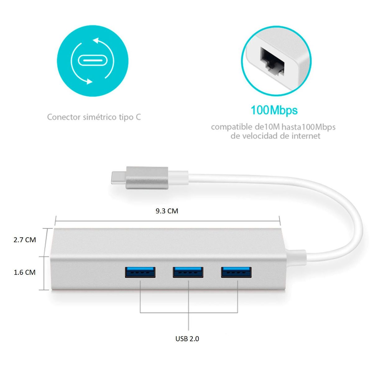 OEM - Adaptador HUB ALUMINIO Tipo C a RJ45 LAN + 3 Puertos USB 2.0