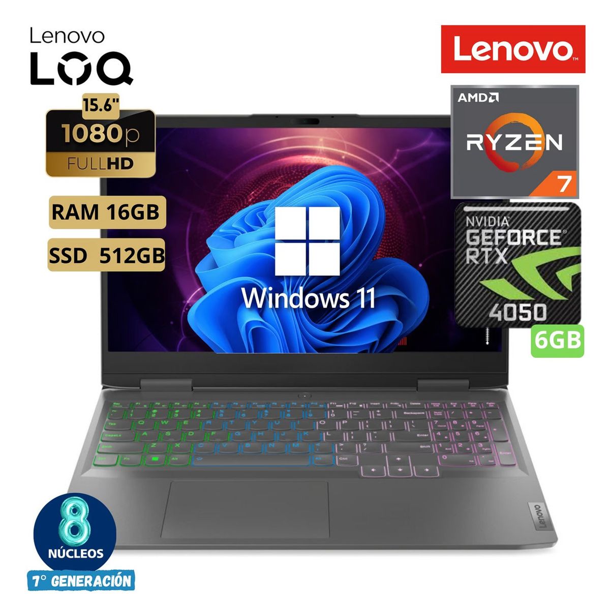 LENOVO - LAPTOP GAMER LENOVO 15.6" FHD RYZEN 7 7840HS 16GB RAM 512GB SSD RTX 4050 6GB LOQ 15APH8 82XT002PLM