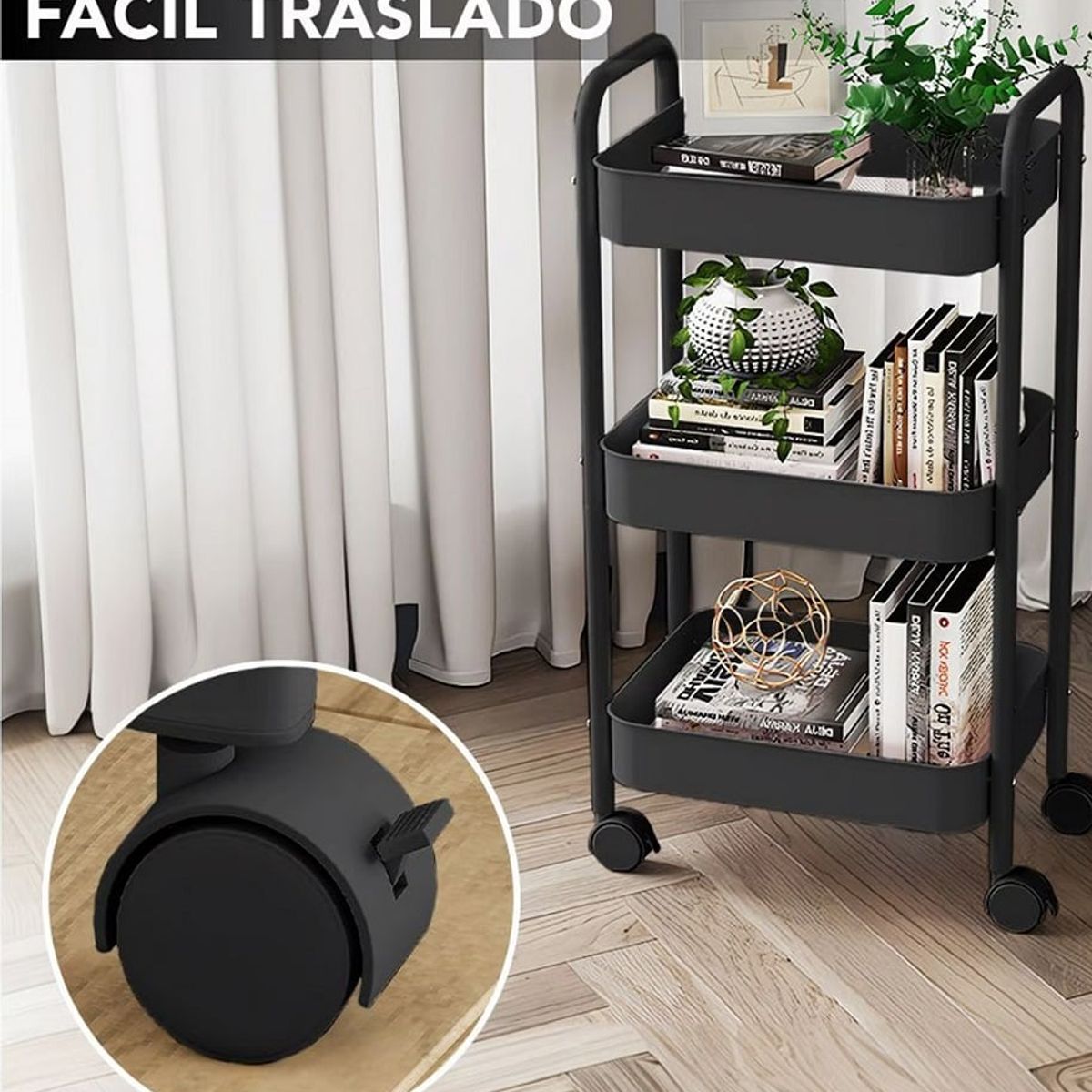 GENERICO - CARRITO ORGANIZADOR MULTIUSOS 4 NIVELES CON RUEDAS- NEGRO