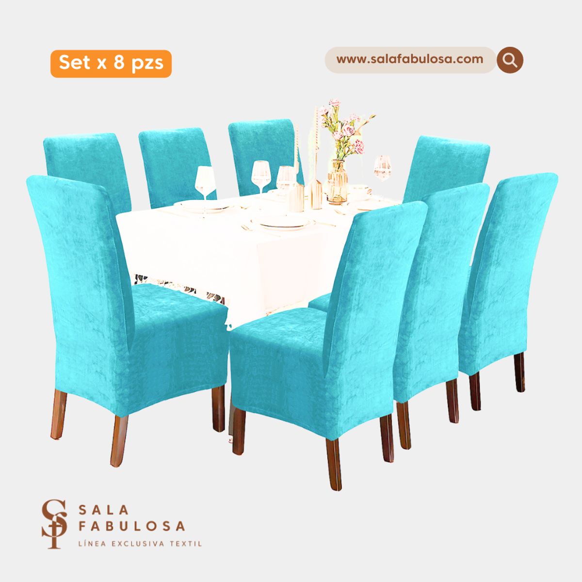 SALA FABULOSA - Funda de silla terciopelo 8 piezas Turquesa Sala fabulosa