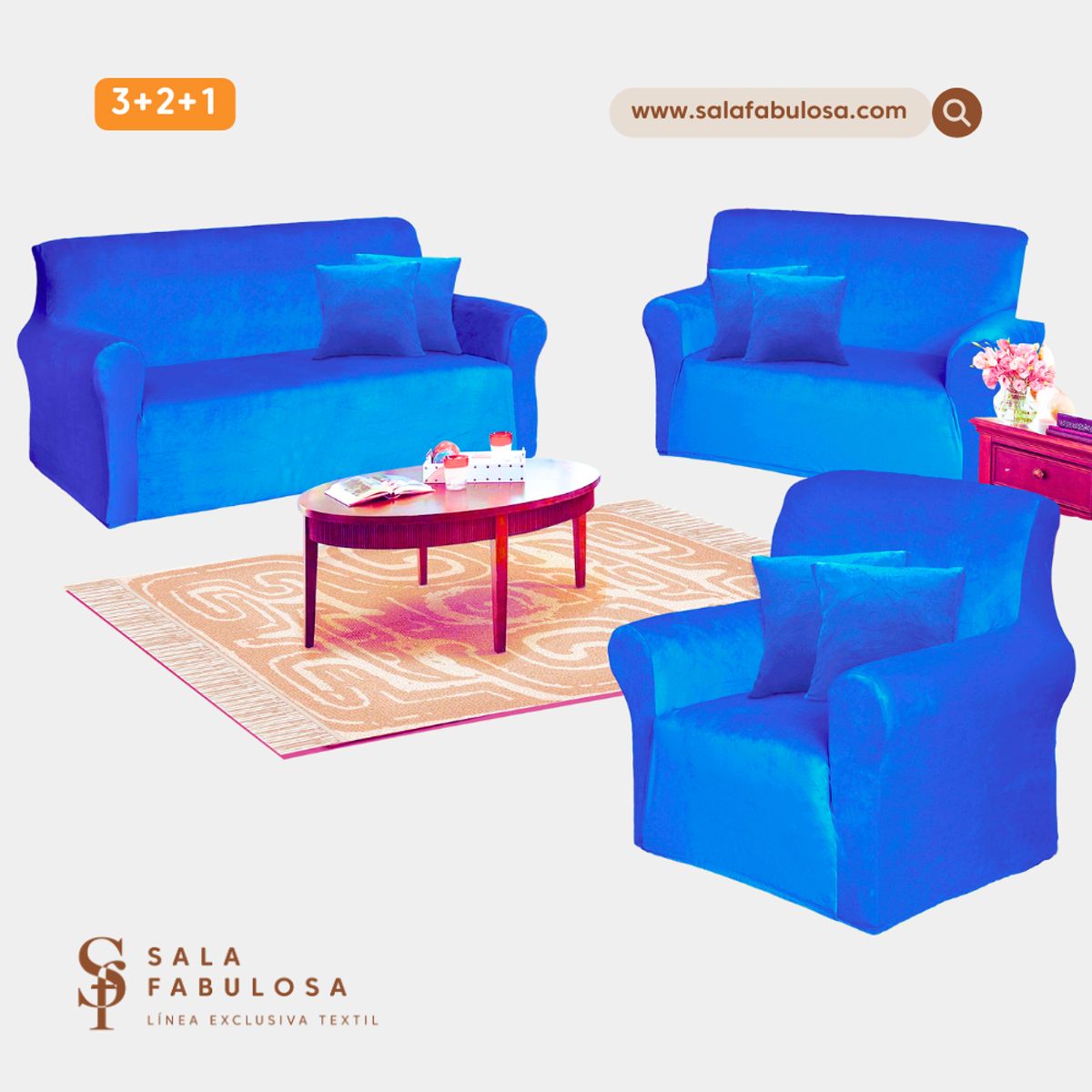 SALA FABULOSA - Funda de mueble terciopelo 3-2-1 Azul eléctrico Sala fabulosa