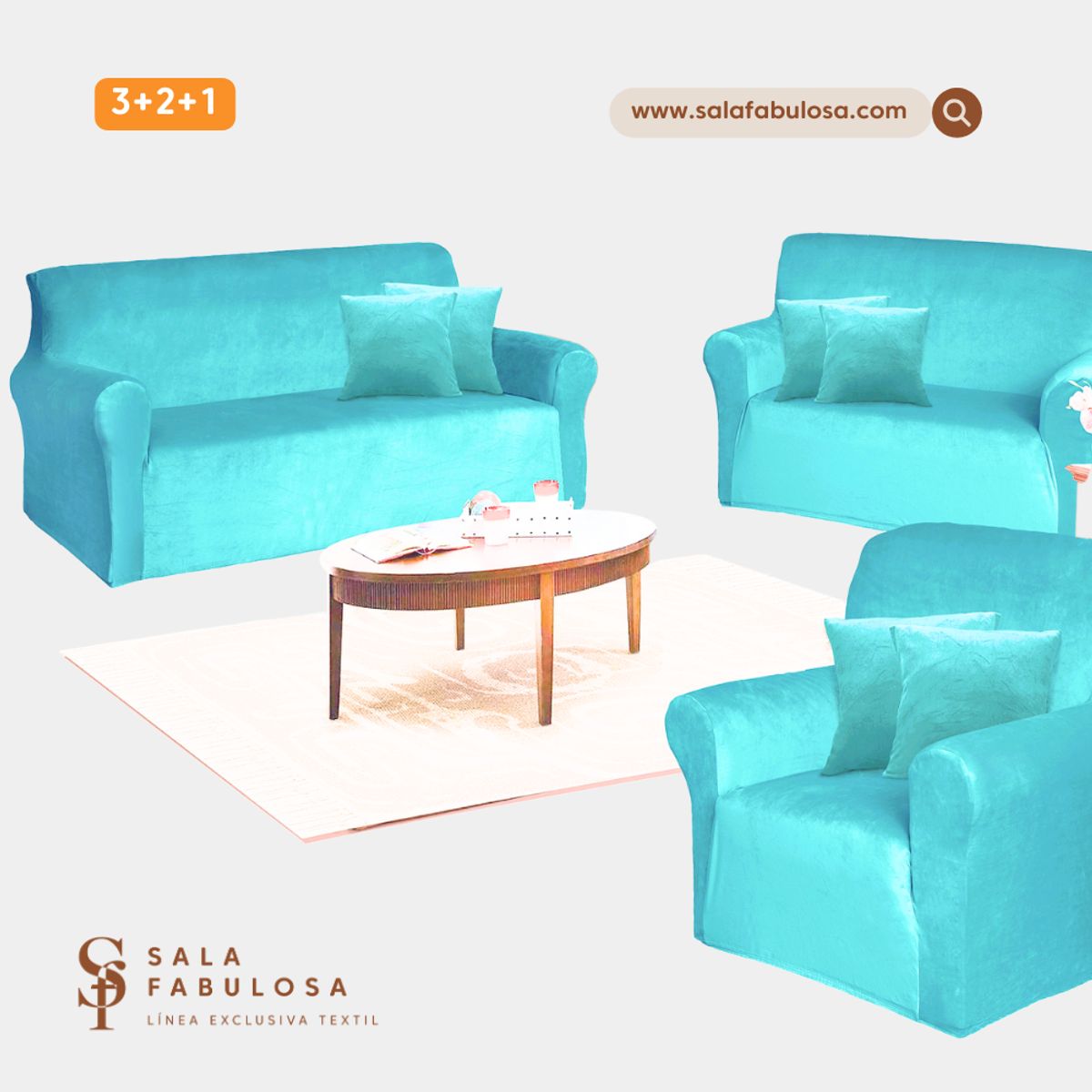 SALA FABULOSA - Funda de mueble terciopelo 3-2-1 Turquesa Sala fabulosa