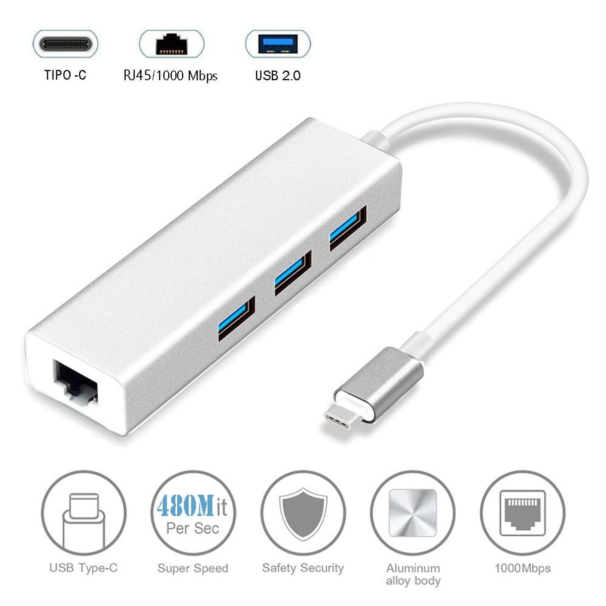 OEM - Adaptador HUB ALUMINIO Tipo C a RJ45 LAN 1000 Mbps + 3 Puertos USB 2.0