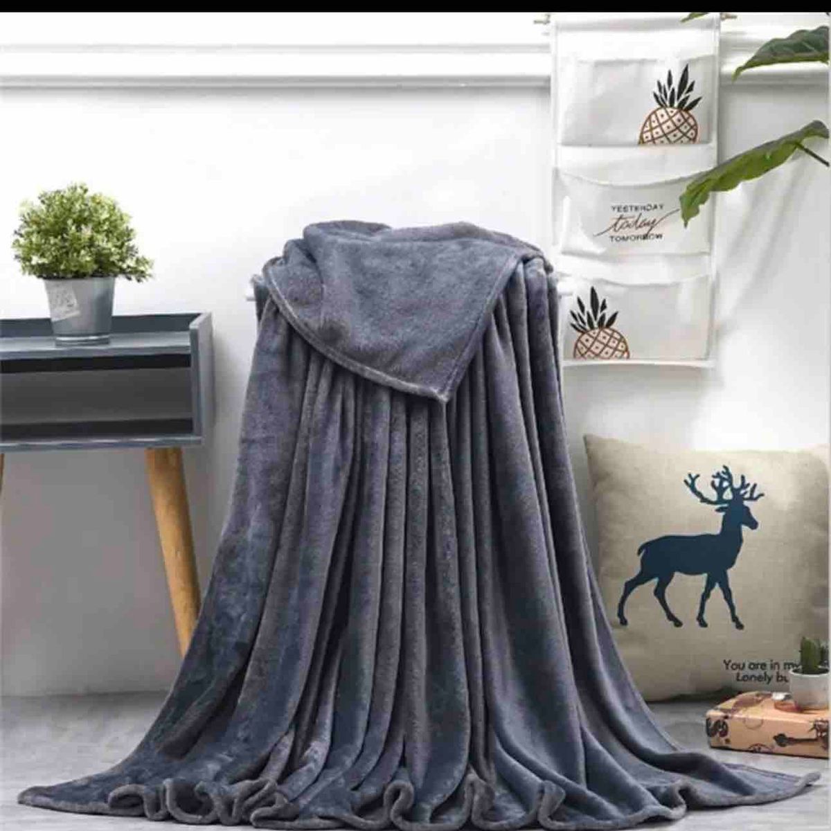 GENERICO - COLCHA 2 PLAZAS DE PELUCHE PELO CORTO GRIS OSCURO