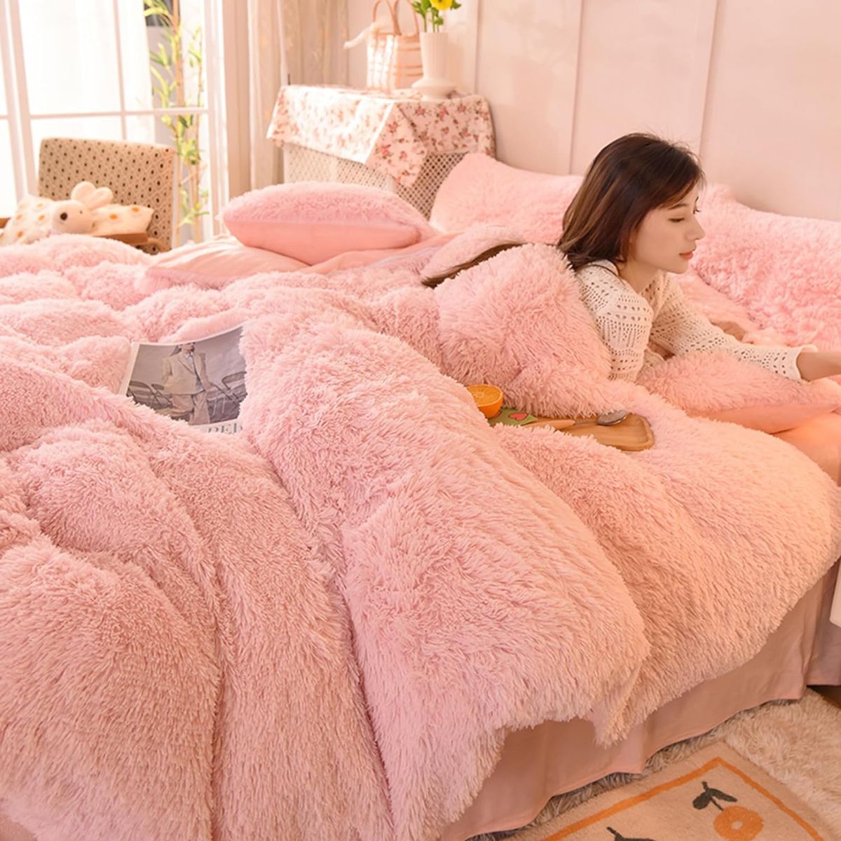 GENERICO - EDREDÓN PIEL DE OSO PLAZA Y MEDIA + 1 FUNDAS DE ALMOHADA ROSADO BEBE