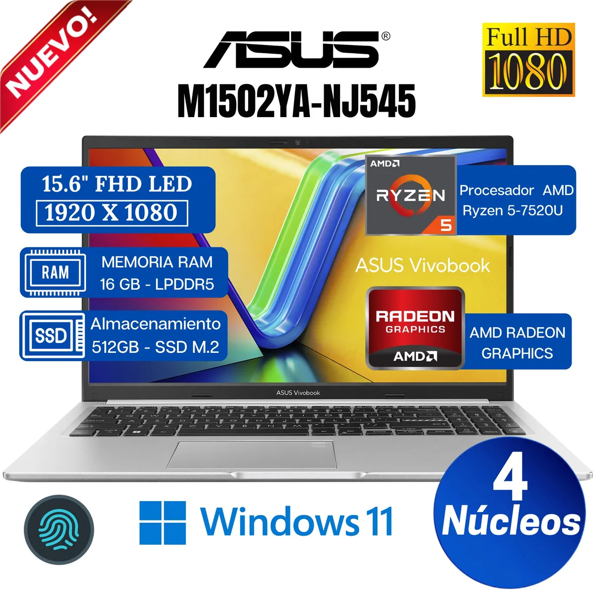 ASUS - Laptop ASUS Vivobook E1504FA-NJ545 15.6" FHD, AMD Ryzen 5-7520U, Ram 16GB, SSD 512GB, Win 11
