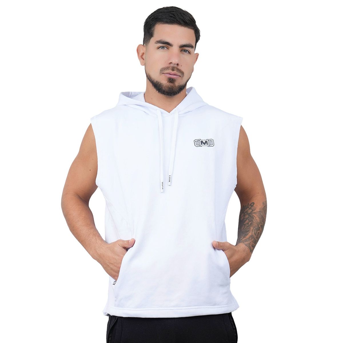 M MUSCLE MUSEUM - Polera Manga Cero Color Blanco con Bolsillos delantero con cierre