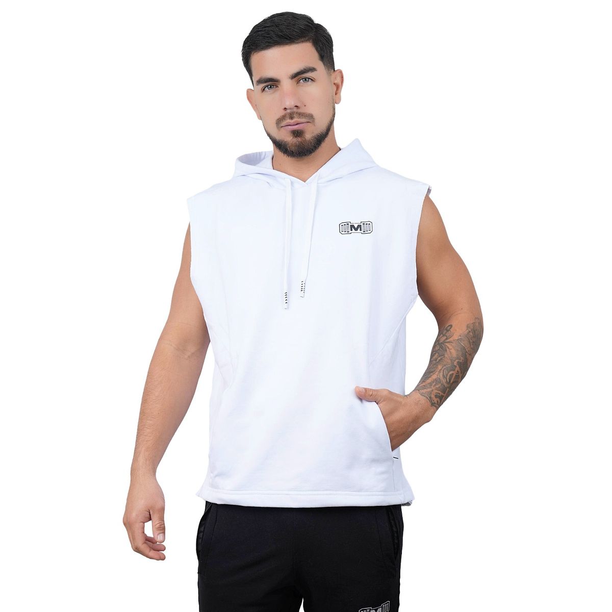 M MUSCLE MUSEUM - Polera Manga Cero Color Blanco con Bolsillos delantero con cierre