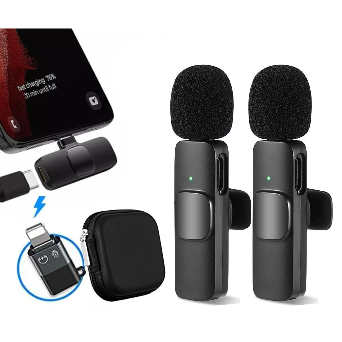 OEM - Microfonos Inalambricos 2 en 1 k9 TipoC y Adaptador Iphone con estuche