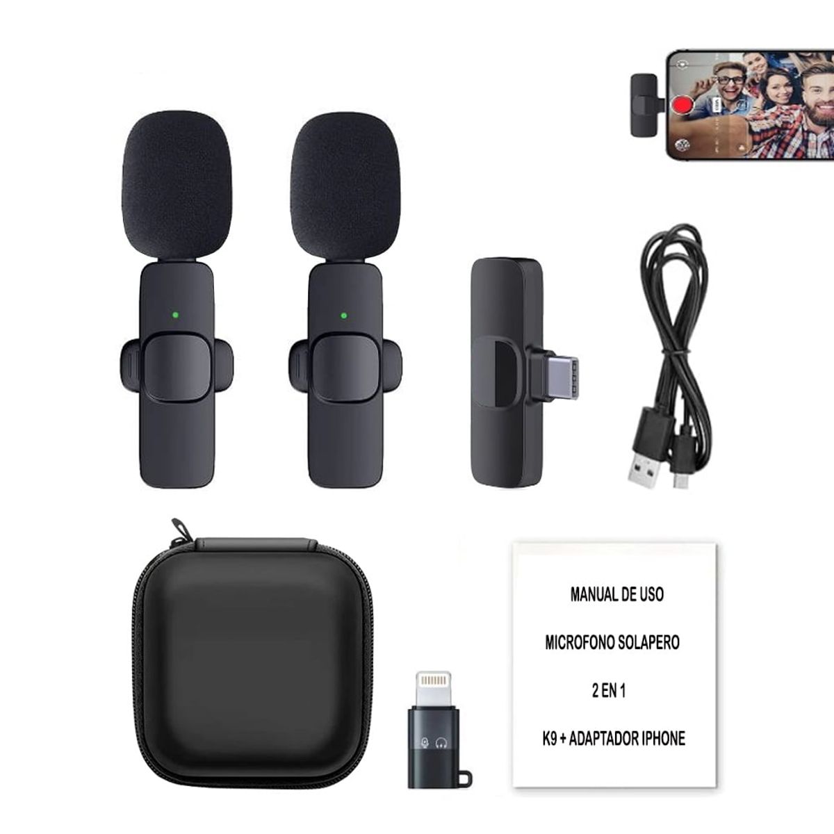 OEM - Microfonos Inalambricos 2 en 1 k9 TipoC y Adaptador Iphone con estuche