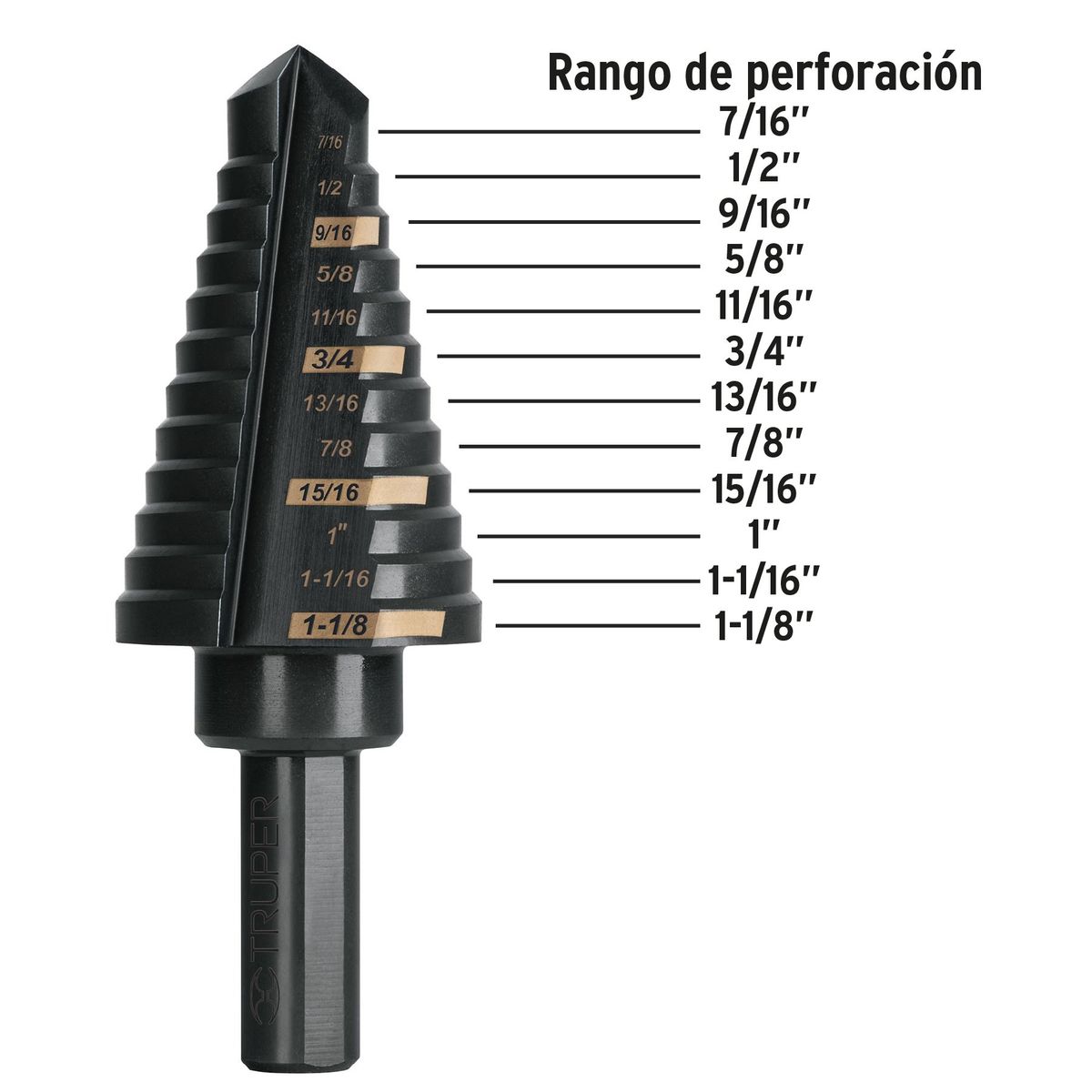 TRUPER - Broca 7/16" - 1 1/8" Escalonada para Fierro Metal HSS 101458 Truper