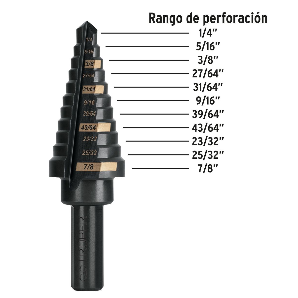 TRUPER - Broca 1/4" - 7/8" Escalonada para Fierro Metal HSS 101457 Truper