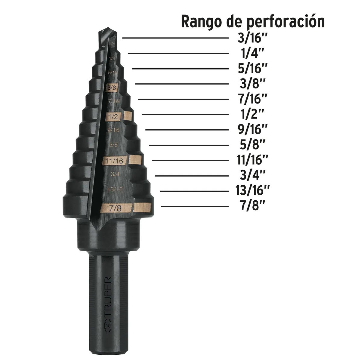 Truper - Broca 3/16" - 7/8" Escalonada para Fierro Metal HSS 12125 Truper