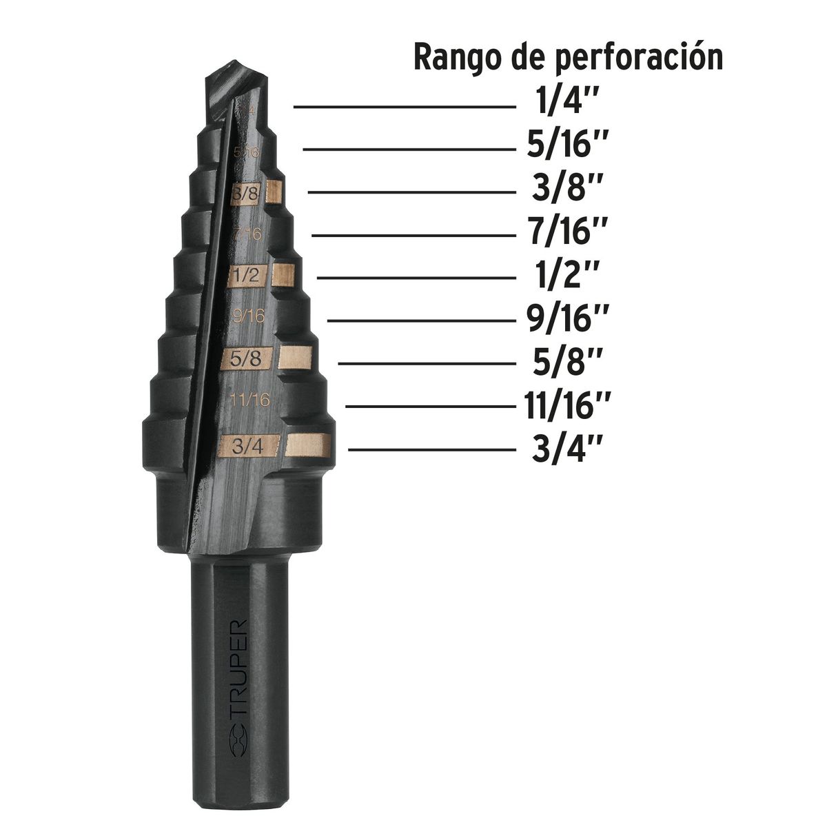 TRUPER - Broca 1/4" - 3/4" Escalonada para Fierro Metal HSS 12123 Truper