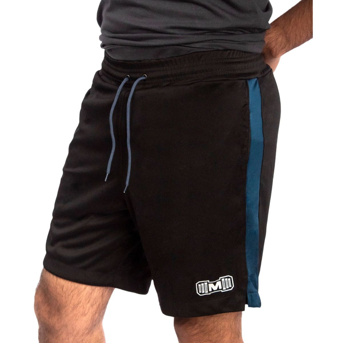 M MUSCLE MUSEUM - Short Deportivo Color Negro con Franja Azul Acero Bolsillos Con Cierre