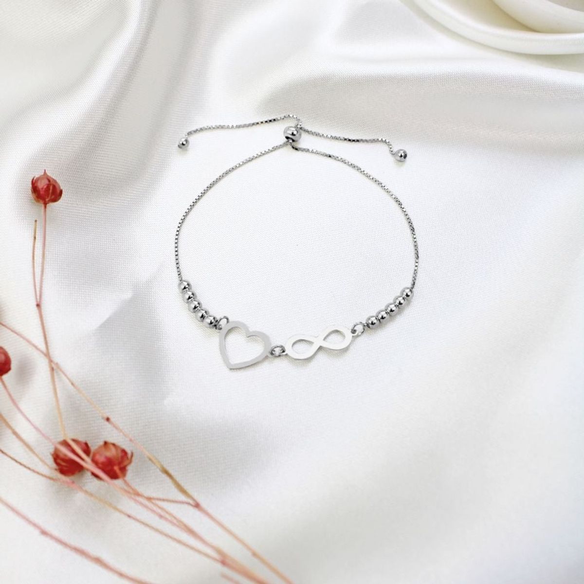 CLEO JOYAS & ACCESORIOS - Pulsera Regulable Corazón Infinito Plata