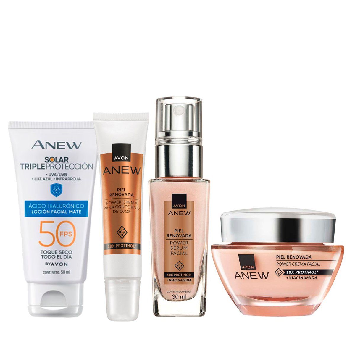 AVON - Anew Power Set x4 Crema Facial + Contorno Ojos + Protector Solar Triple Protección SPF 50 + Sérum Facial Niacinamida