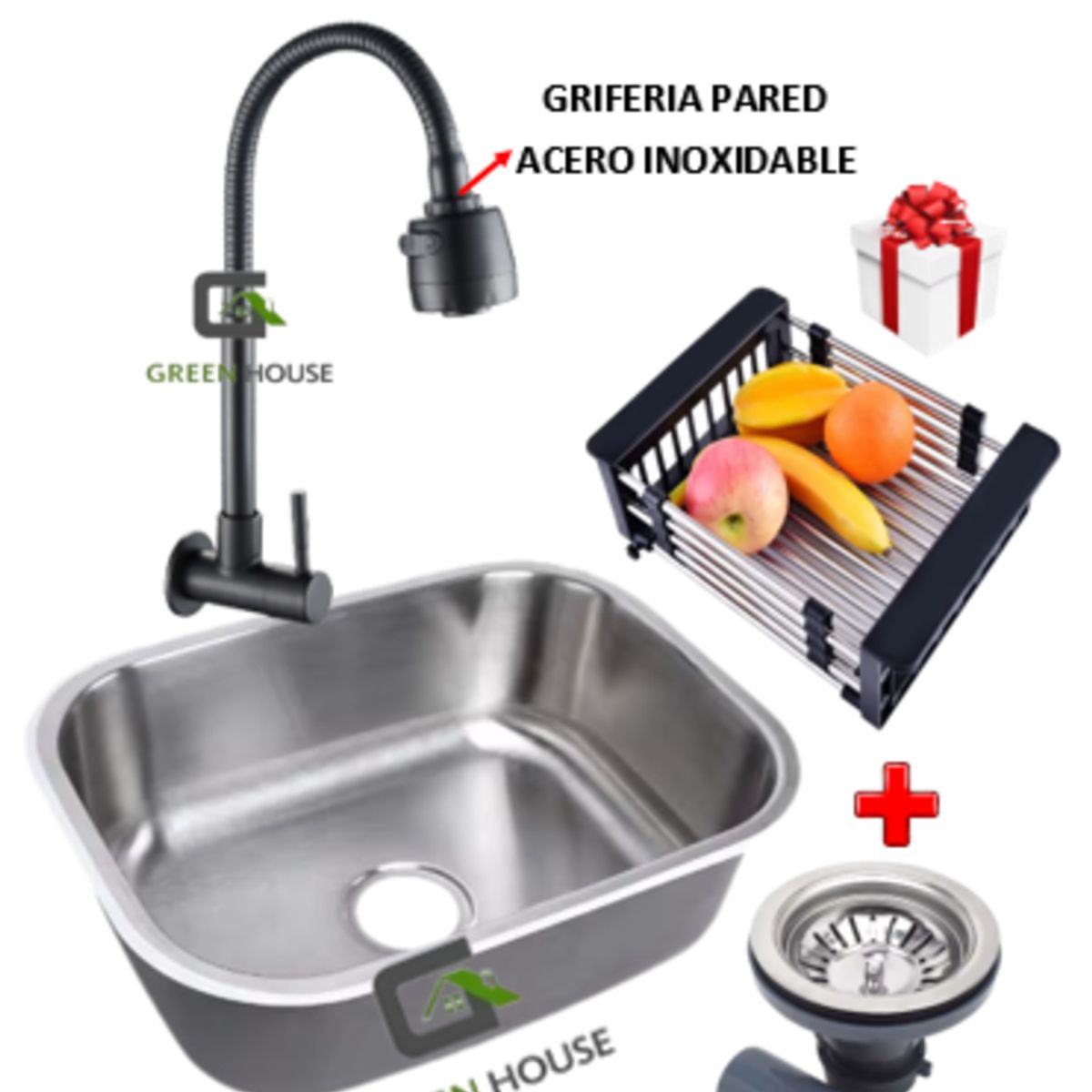 IMPORTADO MC - COMBO DE LAVADERO 44x39x21cm  ACERO + GRIFERIA  NEGRO ACERO INOXIDABLE