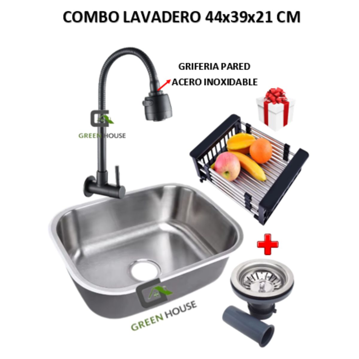 IMPORTADO MC - COMBO DE LAVADERO 44x39x21cm  ACERO + GRIFERIA  NEGRO ACERO INOXIDABLE
