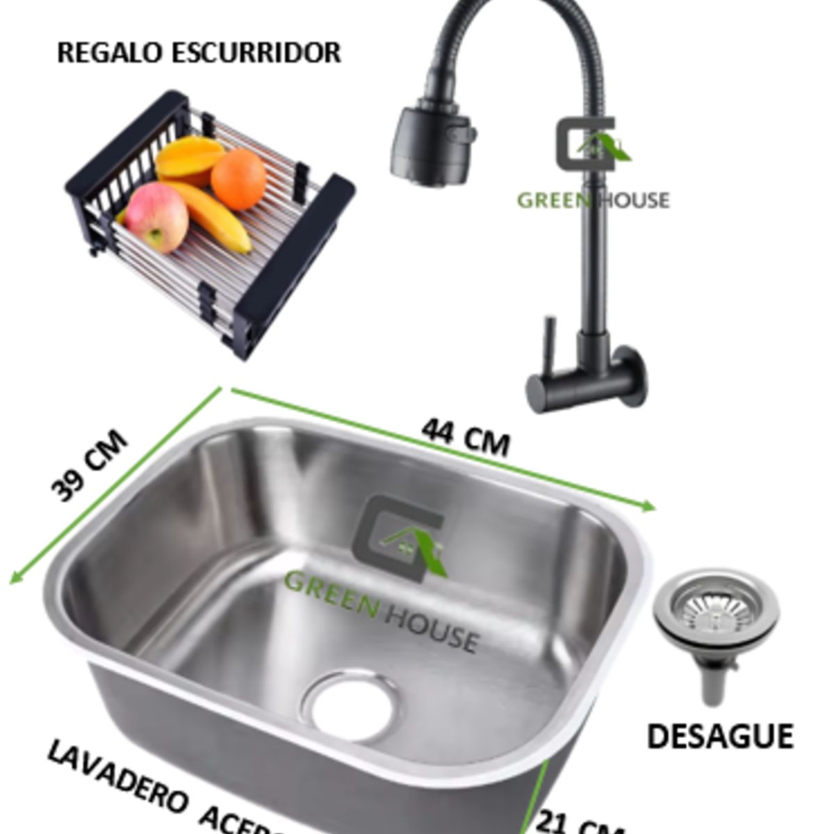 IMPORTADO MC - COMBO DE LAVADERO 44x39x21cm  ACERO + GRIFERIA  NEGRO ACERO INOXIDABLE