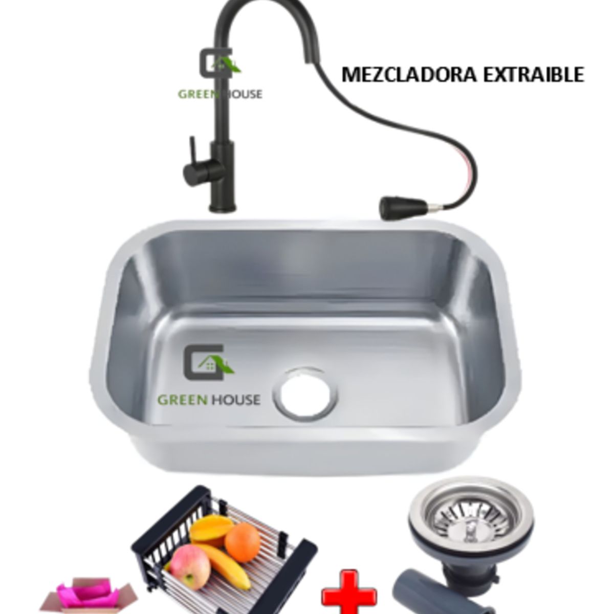 GENERICO - COMBO DE LAVADERO 57x42x21cm  ACERO + MEZCLADORA  NEGRA EXTRAIBLE