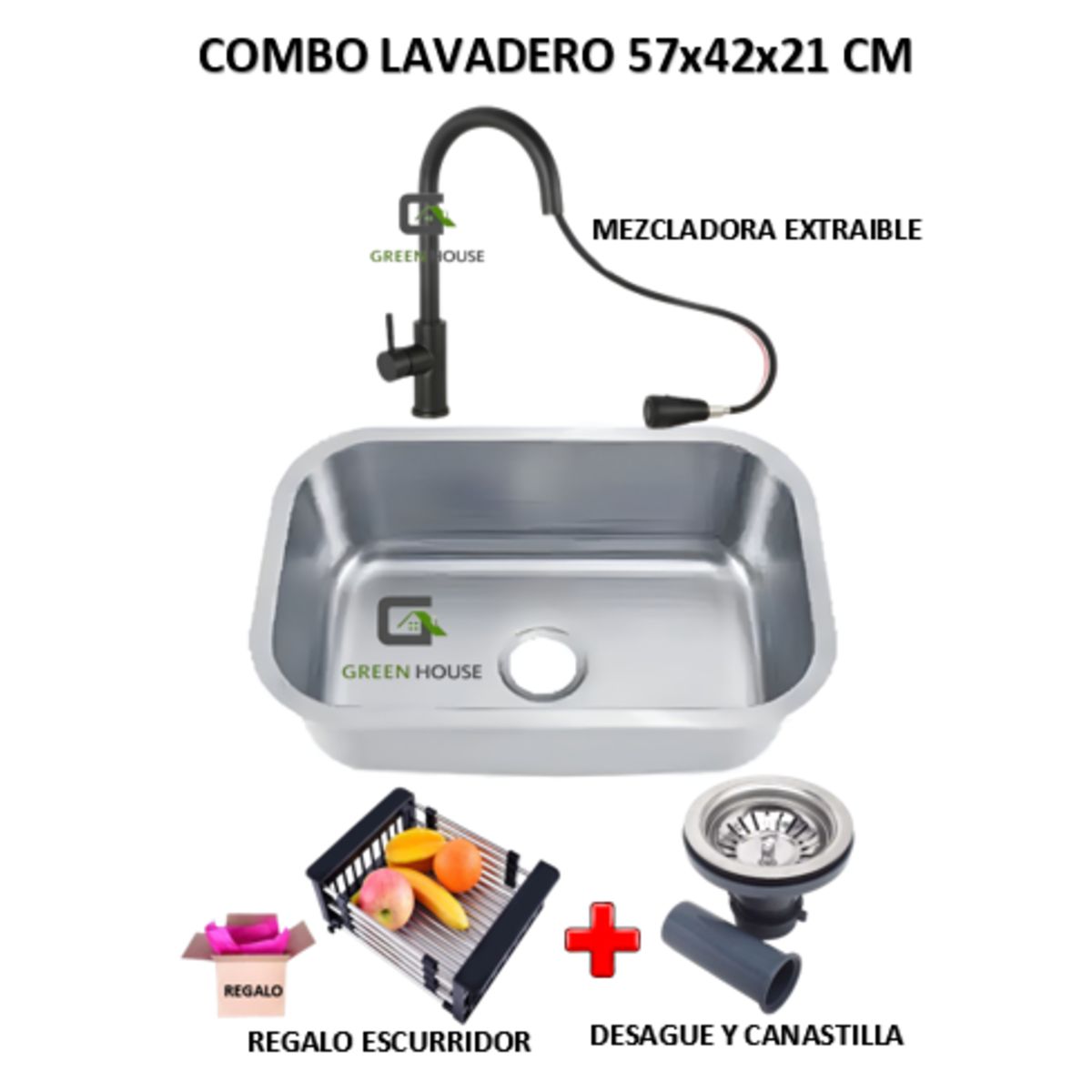 GENERICO - COMBO DE LAVADERO 57x42x21cm  ACERO + MEZCLADORA  NEGRA EXTRAIBLE