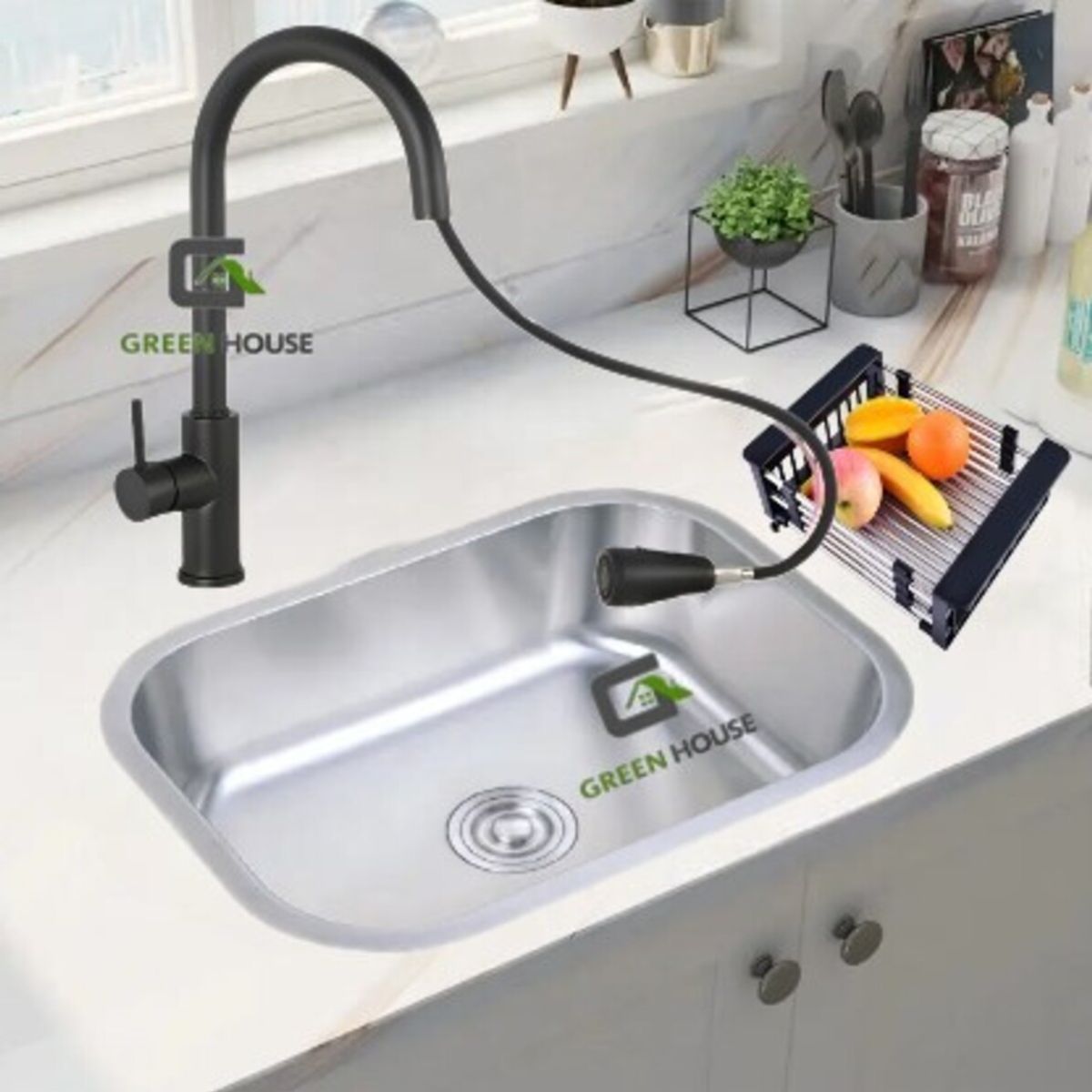 GENERICO - COMBO DE LAVADERO 57x42x21cm  ACERO + MEZCLADORA  NEGRA EXTRAIBLE