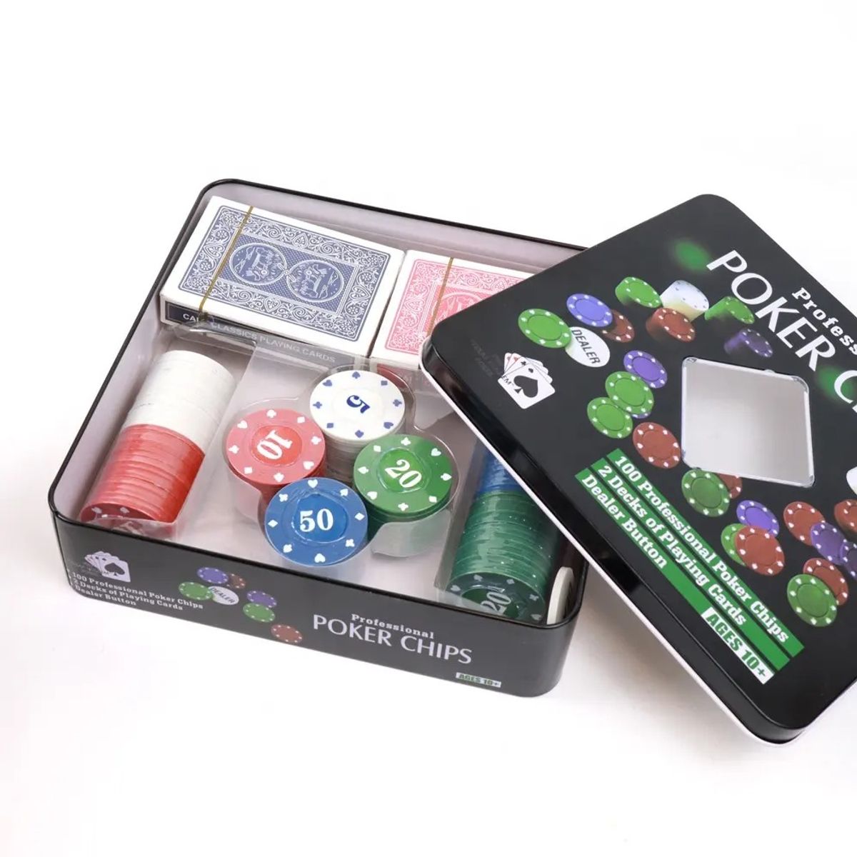 GENERICO - Set Poker Texas 100 fichas 2 juego cartas y boton dealer