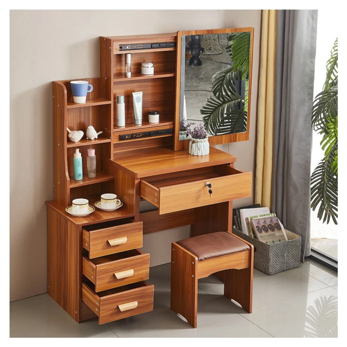 GENERICO - Tocador de Maquillaje Con Espejo Con Taburete Para Dormitorio Marrón