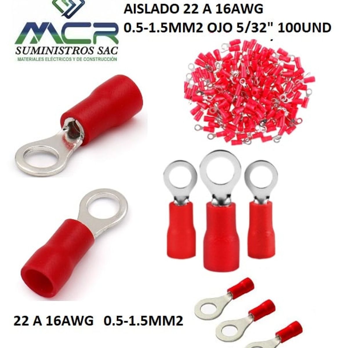 GENERICO - TERMINAL OJAL ROJO O ANILLO AISLADO 22 A 16AWG  OJO 5/32" 100UND