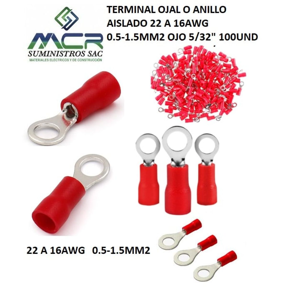 GENERICO - TERMINAL OJAL ROJO O ANILLO AISLADO 22 A 16AWG  OJO 5/32" 100UND