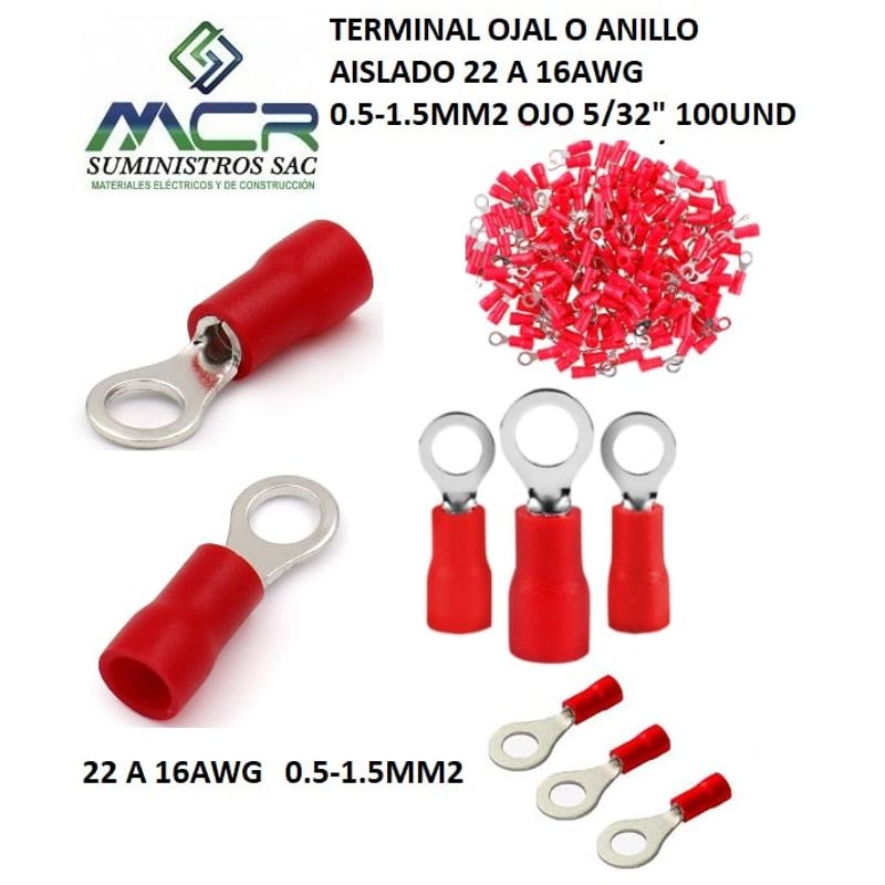 GENERICO - TERMINAL OJAL ROJO O ANILLO AISLADO 22 A 16AWG  OJO 5/32" 100UND