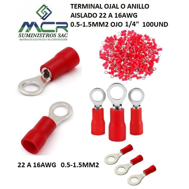 GENERICO - TERMINAL OJAL ROJO AISLADO 22 A 16AWG 0.5-1.5MM2 OJO 1/4" 100UND