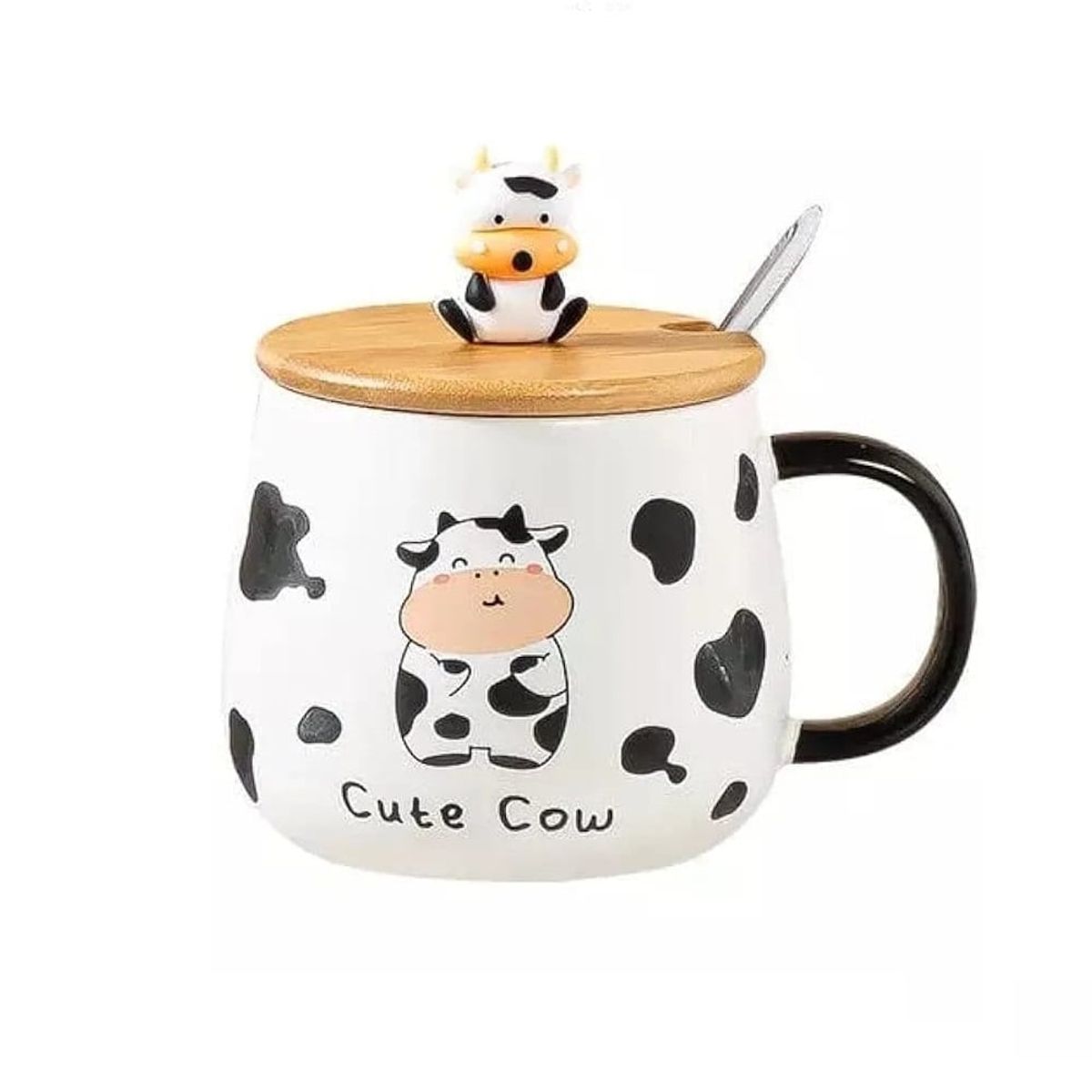 GENERICO - Taza de  Vaca con tapa de madera  ceramica  Kawai