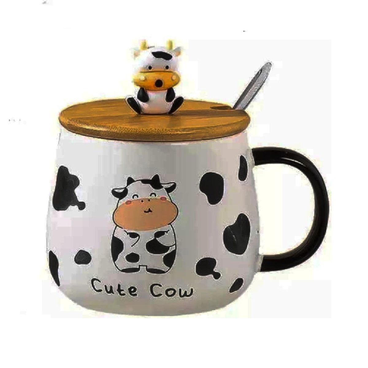 GENERICO - Taza de  Vaca con tapa de madera  ceramica  Kawai