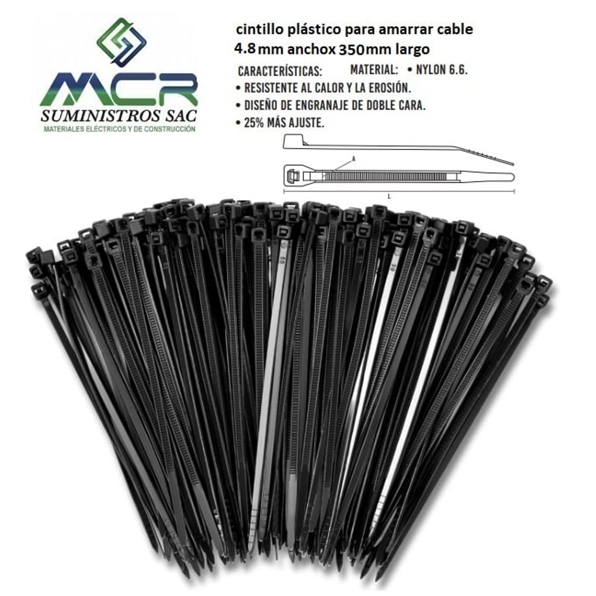 GENERICO - AMARRA CABLE CINTILLO DE 4.8 MM DE ANCHO X 350 MM DE LARGO NEGRO