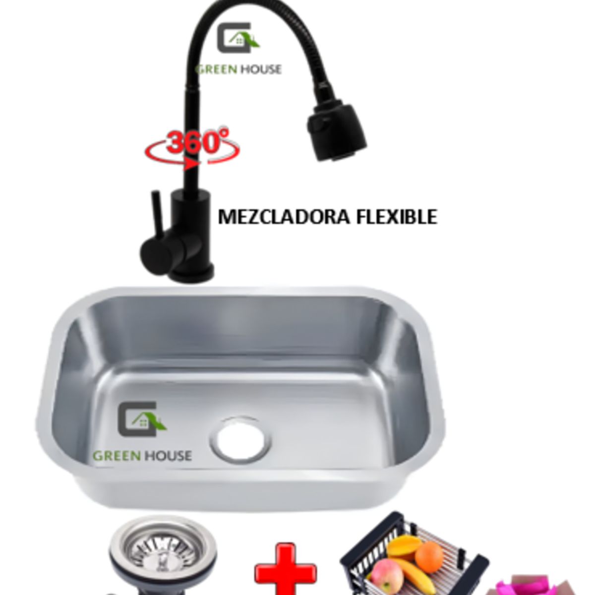 GENERICO - COMBO DE LAVADERO 57X42X21 CM + MEZCLADORA  FLEXIBLE NEGRO