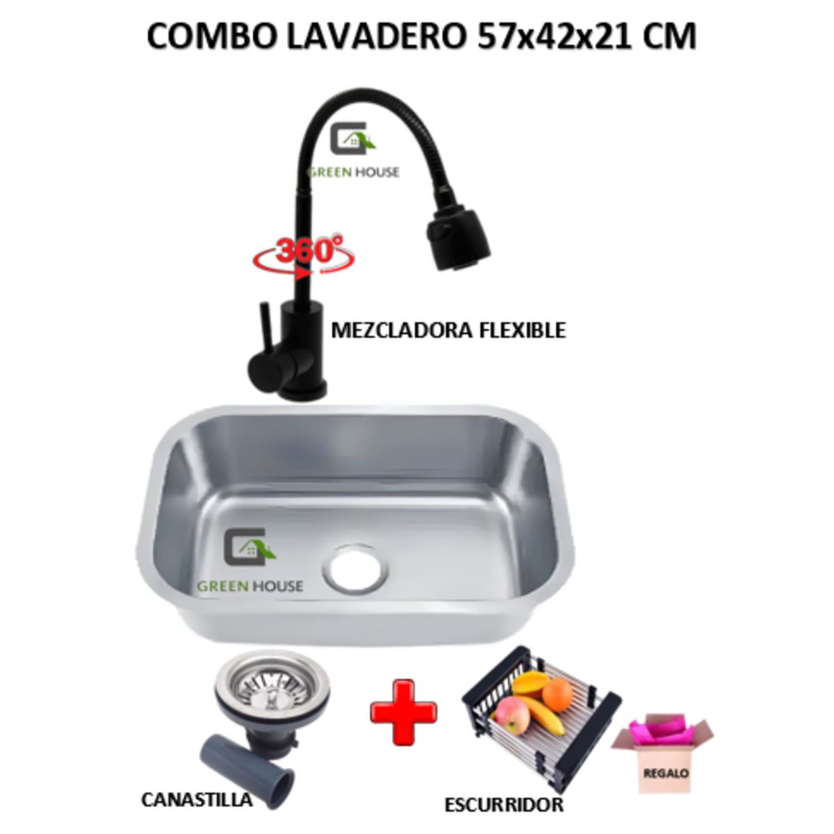 GENERICO - COMBO DE LAVADERO 57X42X21 CM + MEZCLADORA  FLEXIBLE NEGRO